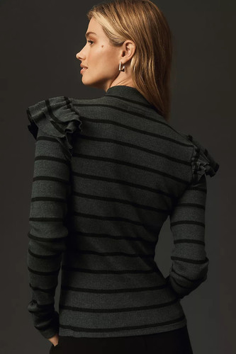 Anthropologie T.La Ruffled Turtleneck Top Small NWT Green Black - photo 2