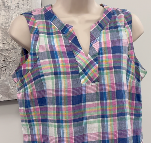 Talbots Linen Top Small Petite SP Plaid Sleeveless VNeck