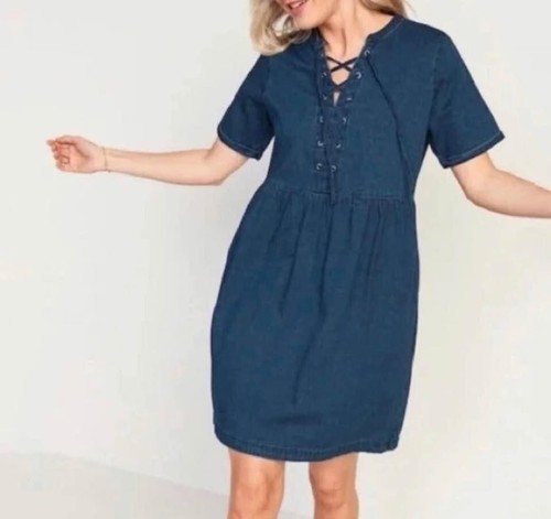 Old Navy Women’s Lace-Up Medium-Wash Jean Denim Shift Dress Smal