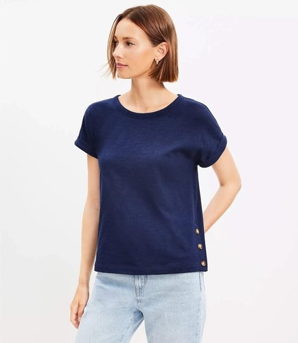 LOFT Side Button Tee Medium Petite MP BNWT Navy Blue