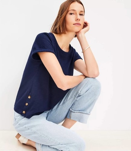 LOFT Side Button Tee Medium Petite MP BNWT Navy Blue - photo 3