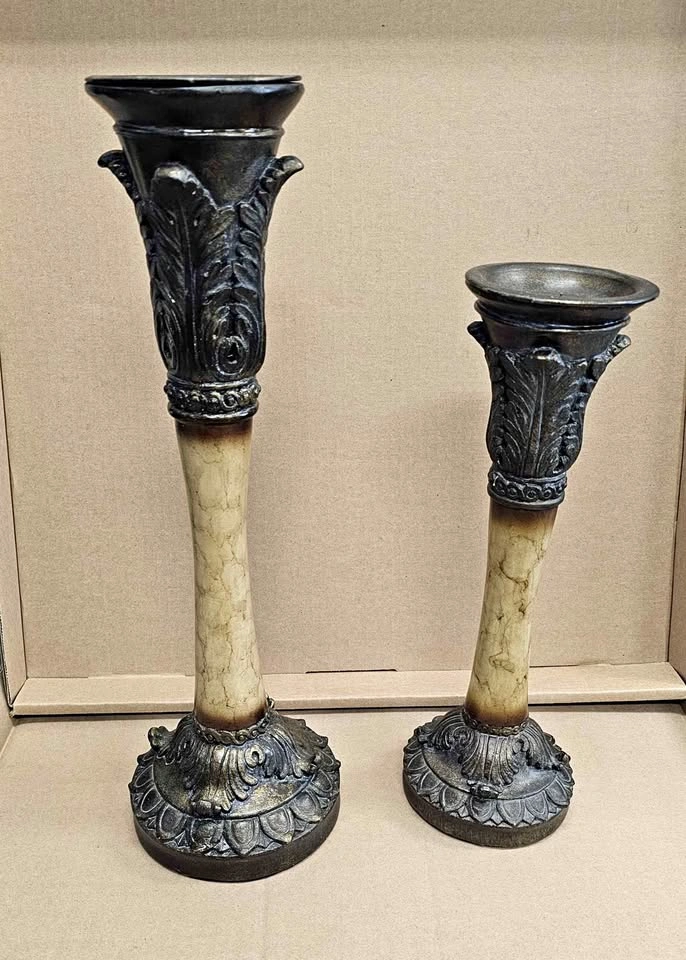 Pair of Large Ornate Tuscan Pillar Candlesticks