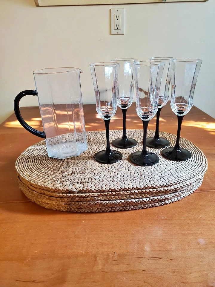 Vintage Octagonal Faceted Black Stem Champagne Flutes & Pitcher