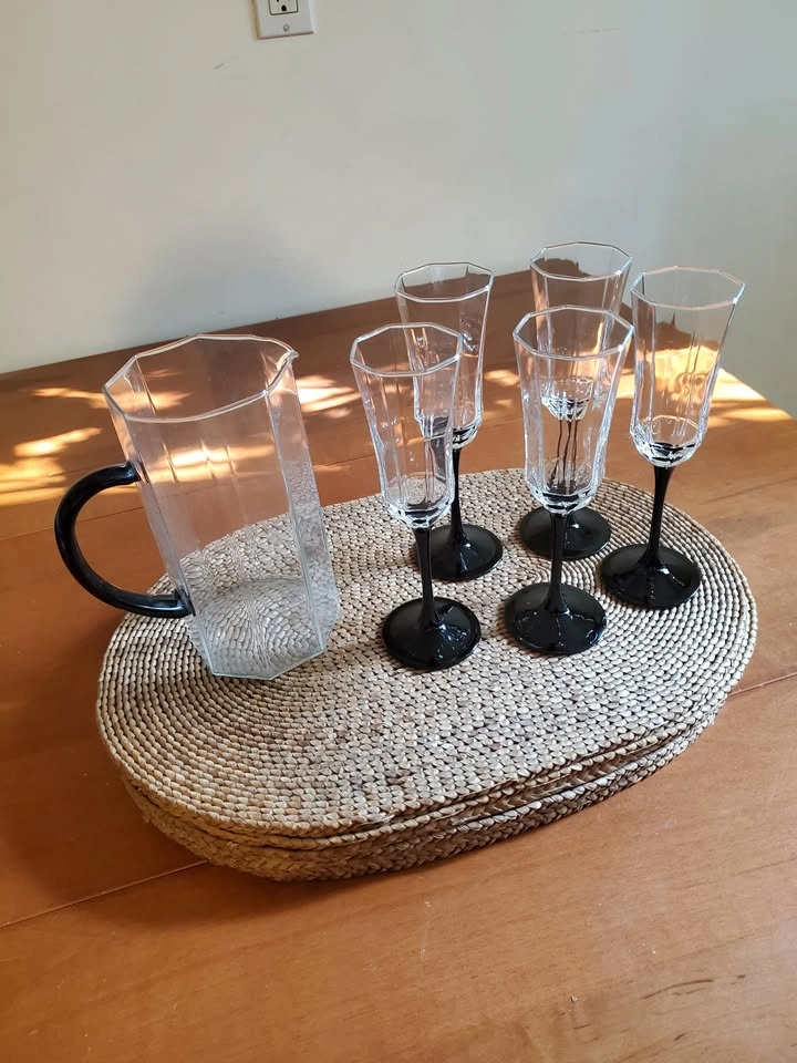 Vintage Octagonal Faceted Black Stem Champagne Flutes & Pitcher - photo 2