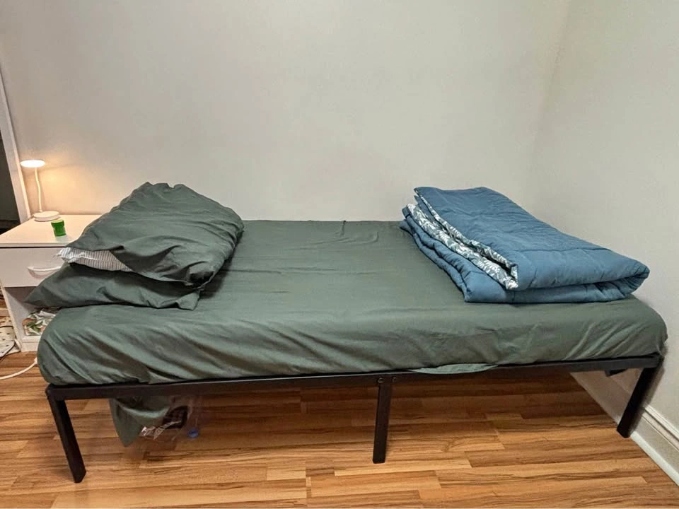Twin Metal Bed Frame with Mattress and Bedding