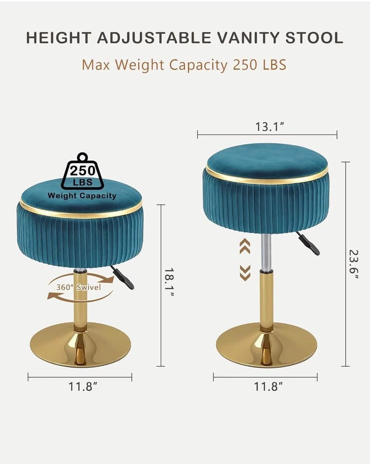 New Adjustable Vanity Stool with Storage, 360° Swivel Gold Chair - photo 2