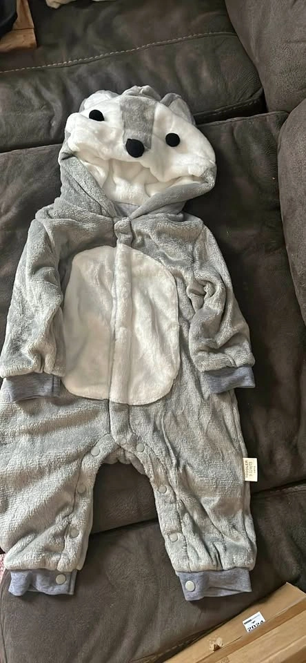 Toddler Wolf Plush Hooded Romper Size 9-12M