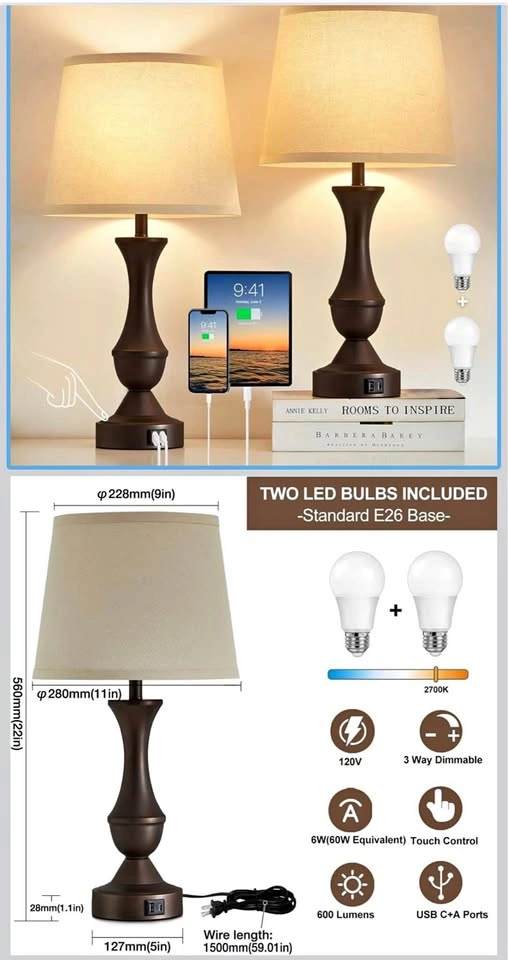 New Set of 2 Touch Bedside Lamps with USB Charging Ports