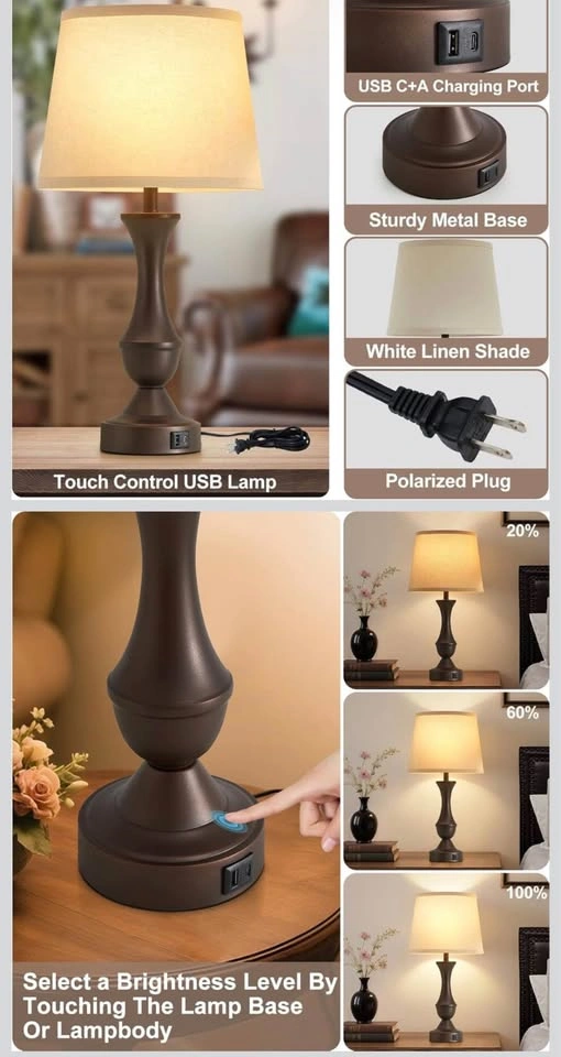 New Set of 2 Touch Bedside Lamps with USB Charging Ports - photo 2