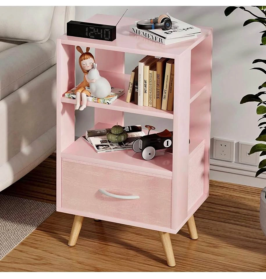 New Pink Kids Nightstand with Drawer and Open Storage