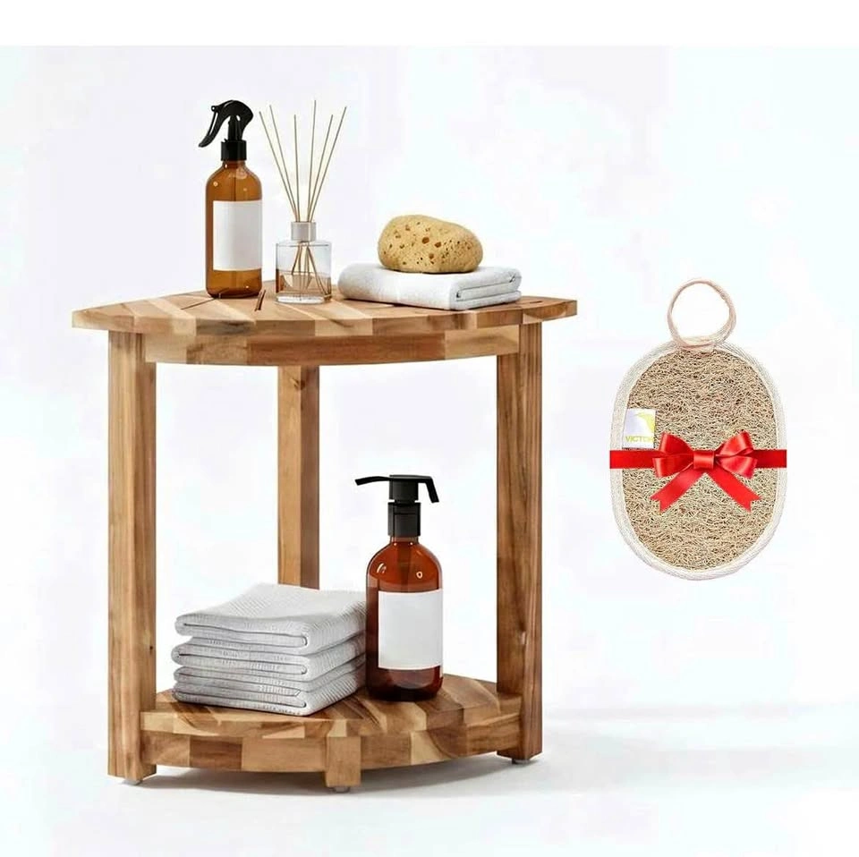 New Acacia Corner Shower Stool with Storage Shelf