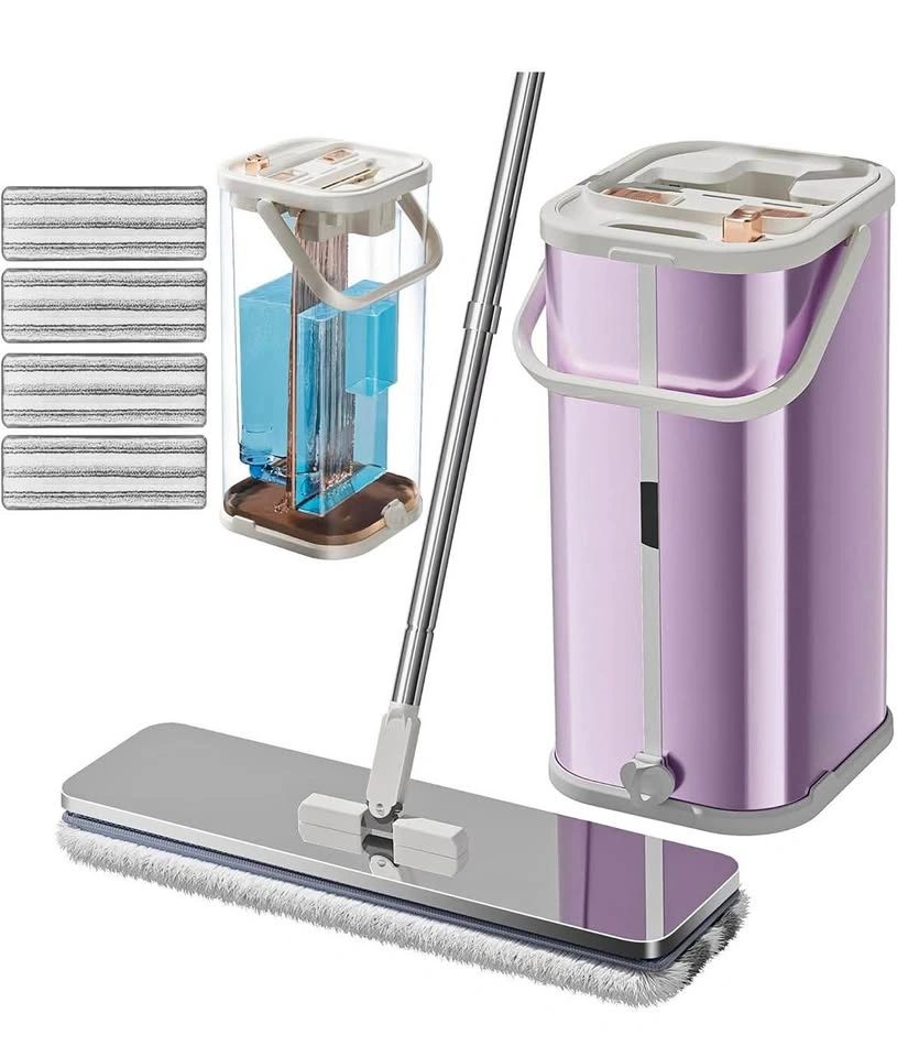 New Pink Flat Mop and Bucket Set with 4 Microfiber Pads
