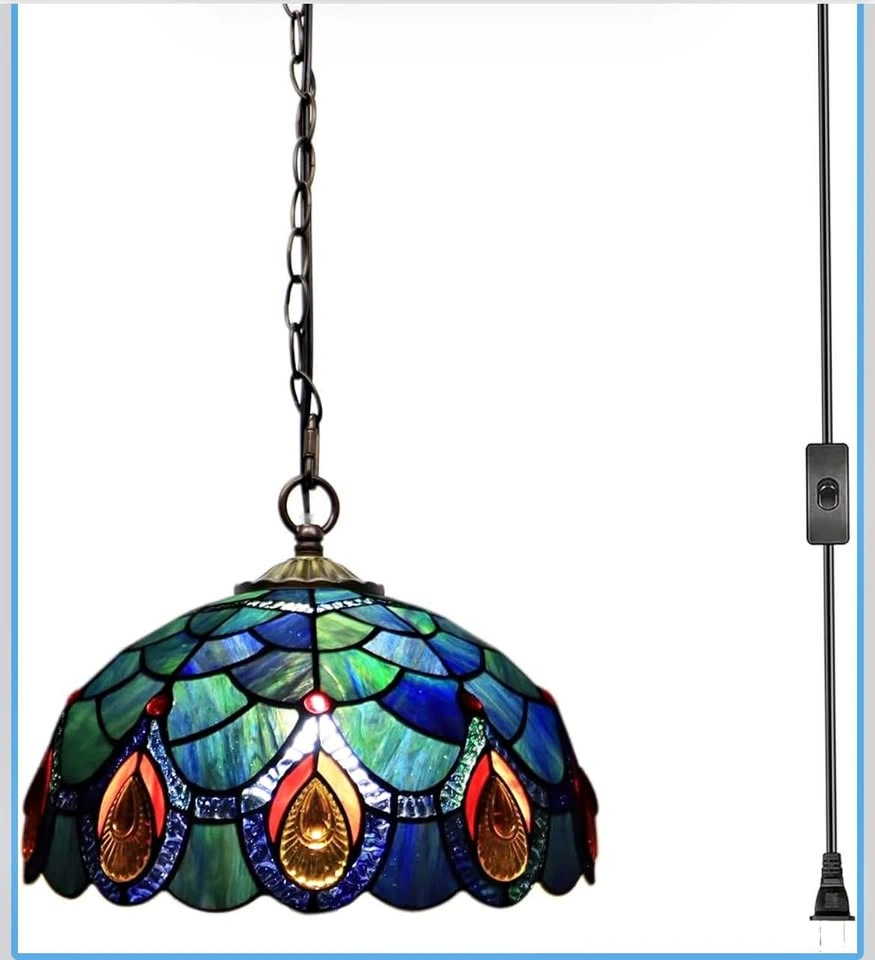 New Pink Peacock Tail Stained Glass Plug-in Pendant Lamp