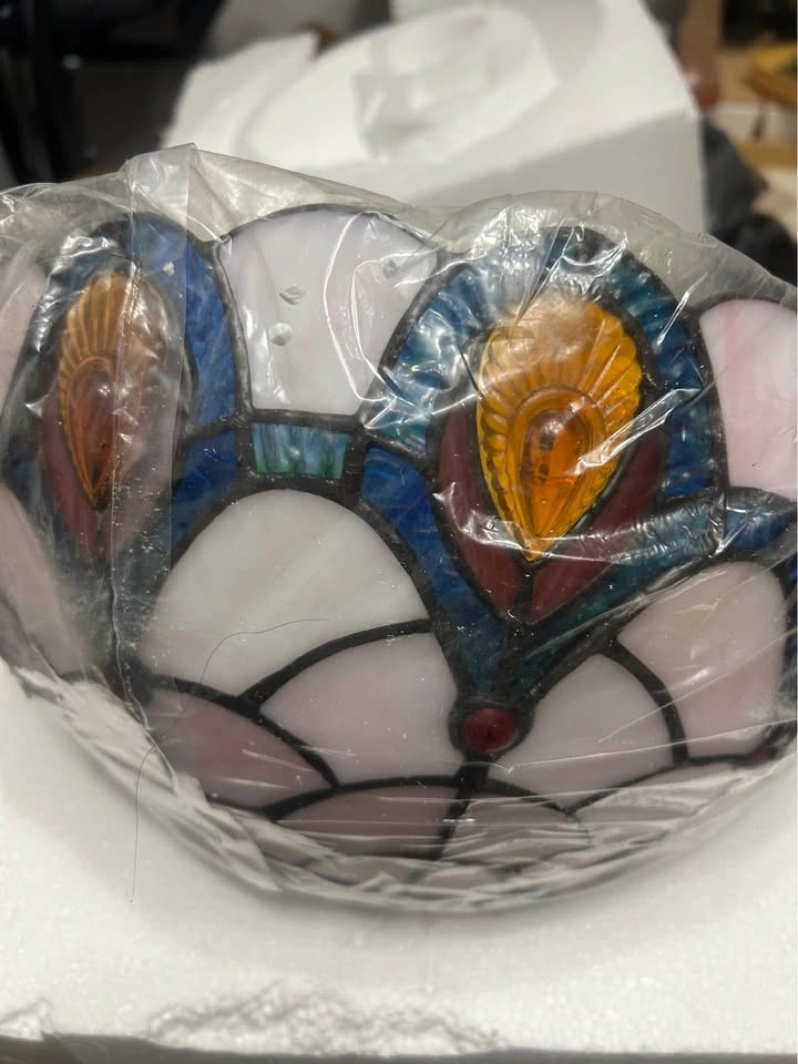 New Pink Peacock Tail Stained Glass Plug-in Pendant Lamp - photo 3