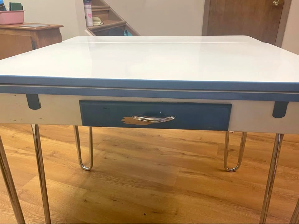 Vintage 1930s Art Deco Enamel Top Kitchen Table – Blue Trim
