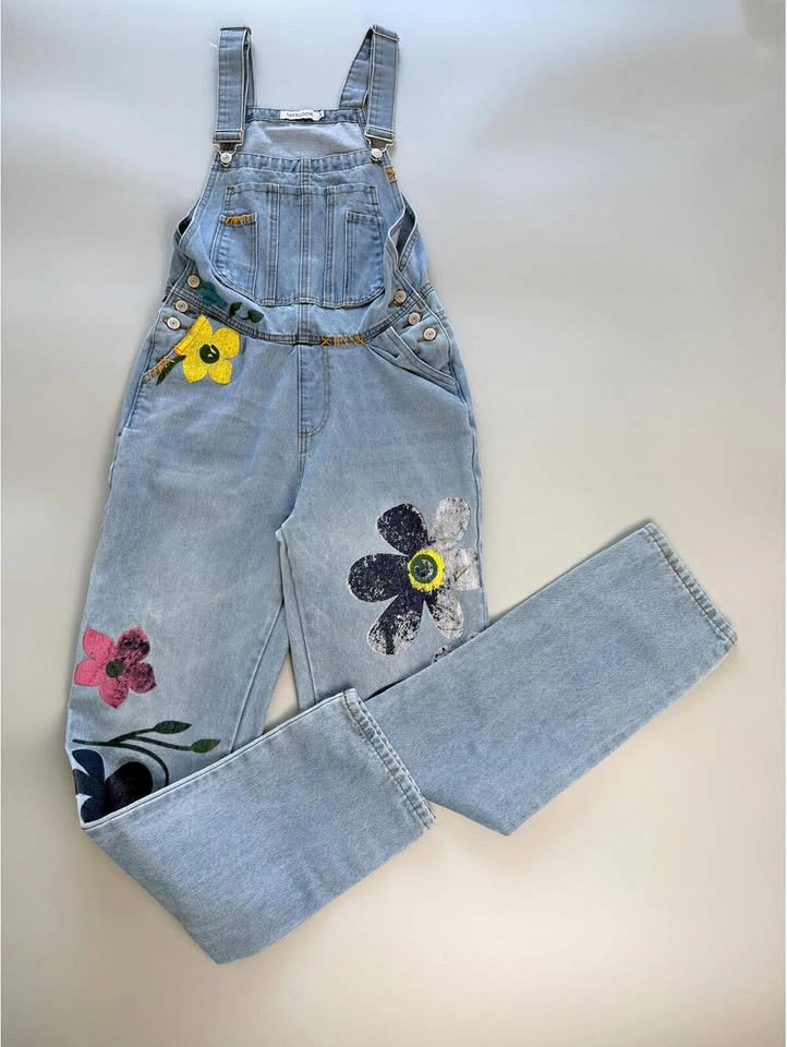 Floral Denim Overalls, Painted Denim Dungarees, Flower Overalls