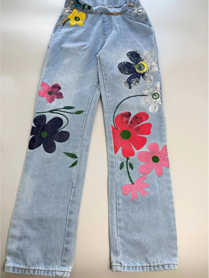 Floral Denim Overalls, Painted Denim Dungarees, Flower Overalls - photo 2