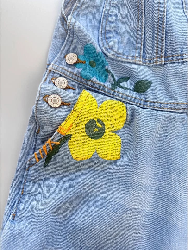 Floral Denim Overalls, Painted Denim Dungarees, Flower Overalls - photo 3