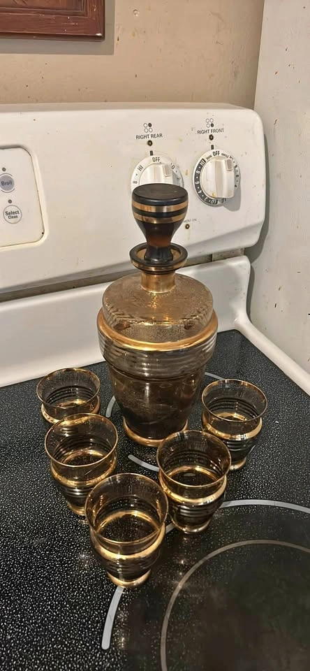 Vintage Amber Glass Decanter Set with 5 Glasses