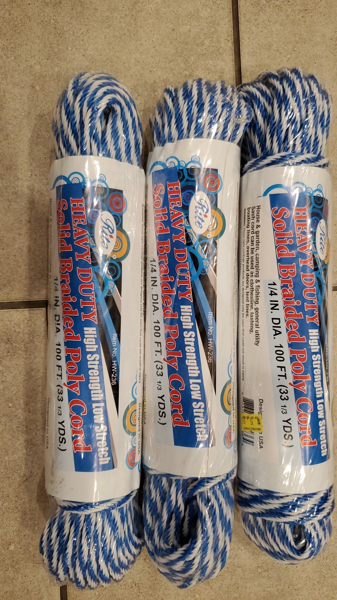3 rolls of Heavy Duty Solid Braided Poly Cord