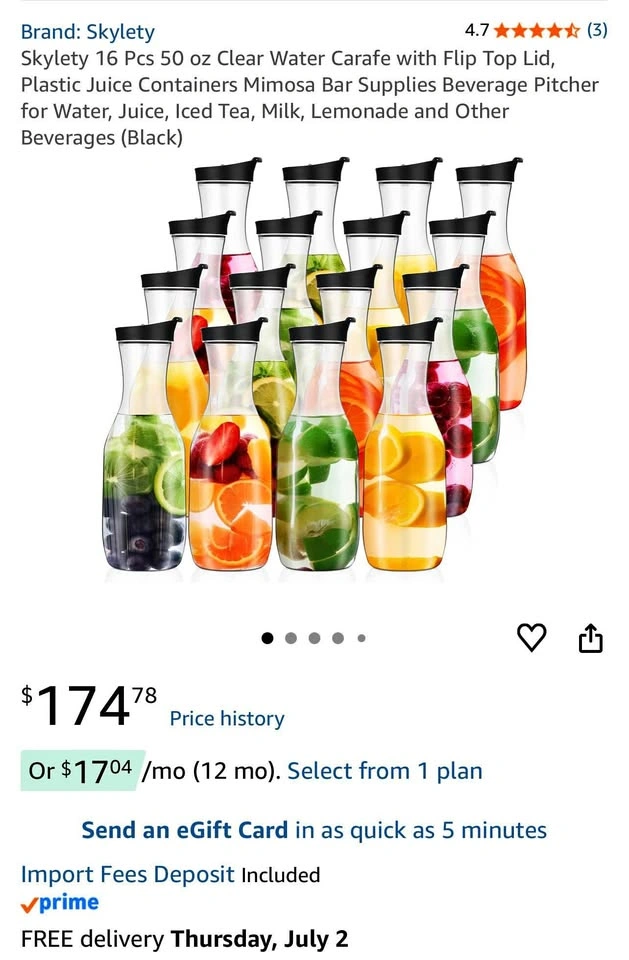 Skylety 16 Pcs 50 oz Clear Water Carafe with Flip Top Lid