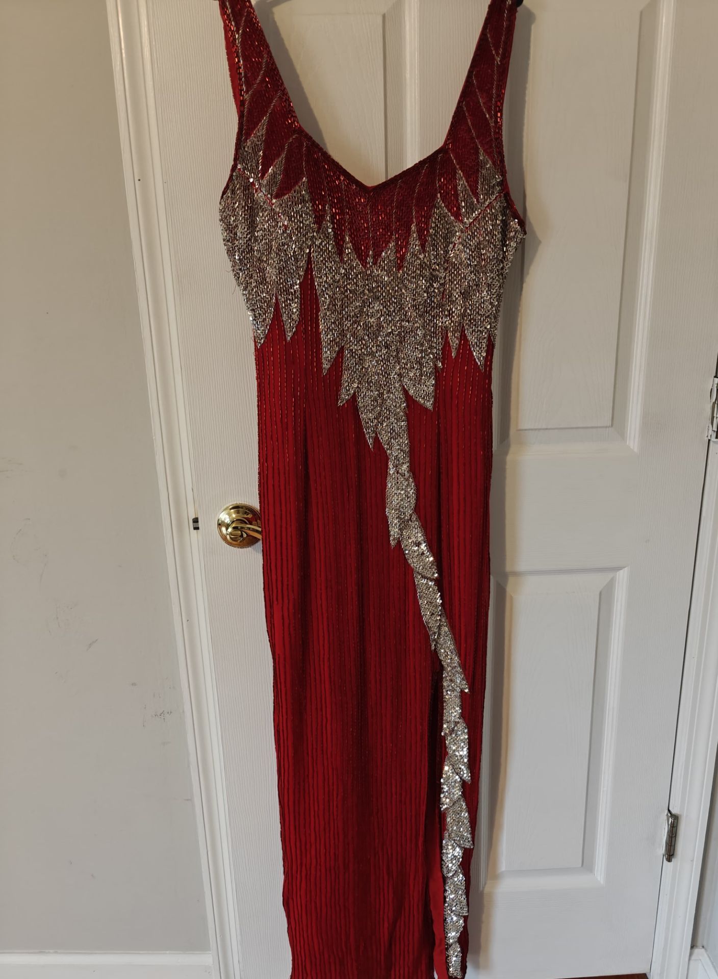 Hand-beaded Red Gown with High Slit