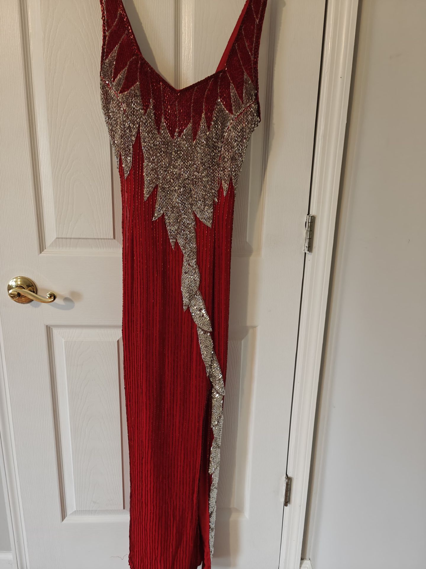 Hand-beaded Red Gown with High Slit - photo 2