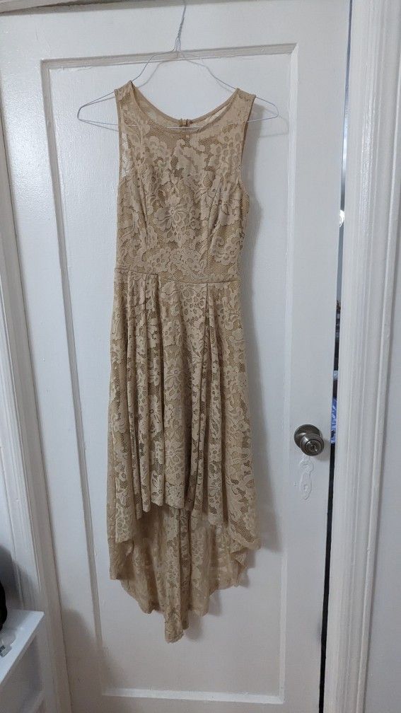 Champagne High Low Illusion Sweetheart Neckline Lace Dress
