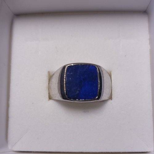 Men's Silver Signet Ring Square Blue Lapis Lazuli Bezel Setting