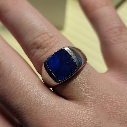 Men's Silver Signet Ring Square Blue Lapis Lazuli Bezel Setting - photo 3
