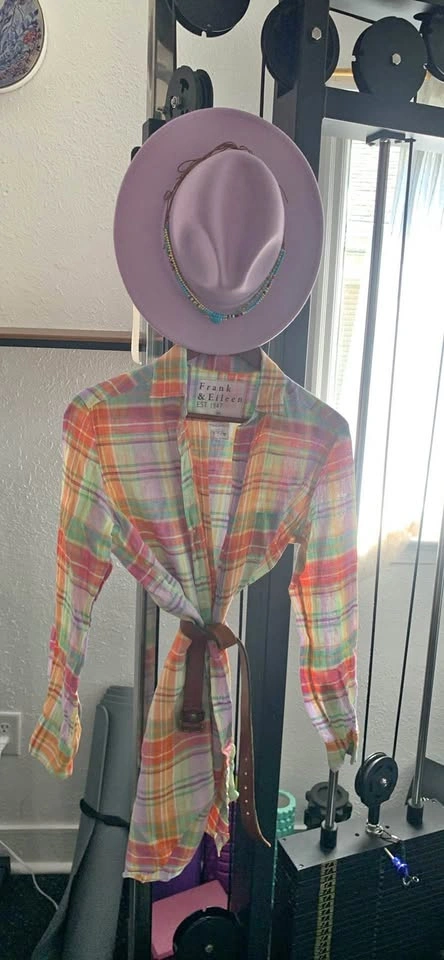 Boho chic: oversized Plaid Button Down Shirt rare purple hat