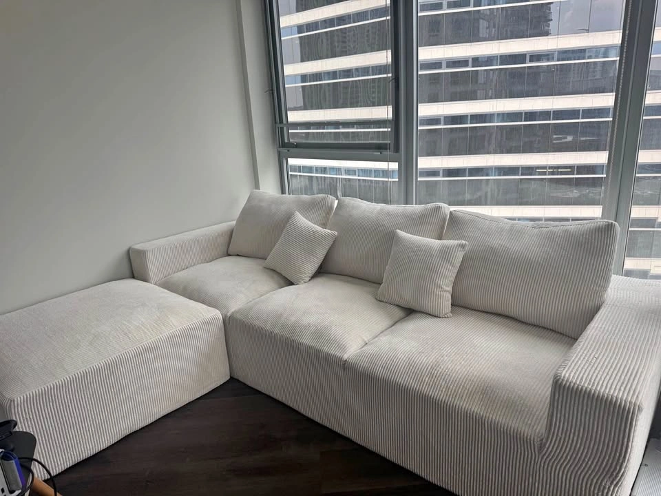 Modern Cream Corduroy Modular Sectional Sofa with Ottoman