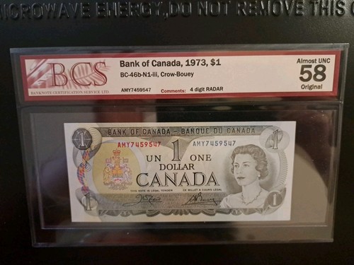 1973 Bank Of Canada $1, 4-Digit Radar Note, AMY 7459547, BCS 58 - photo 2