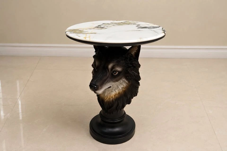 Wolf Head Pedestal Side Table with Marble Top