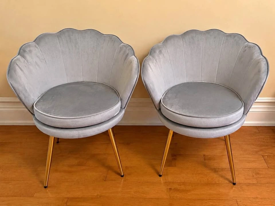 Pair of Grey Velvet Scalloped Shell Chairs with Gold Legs
