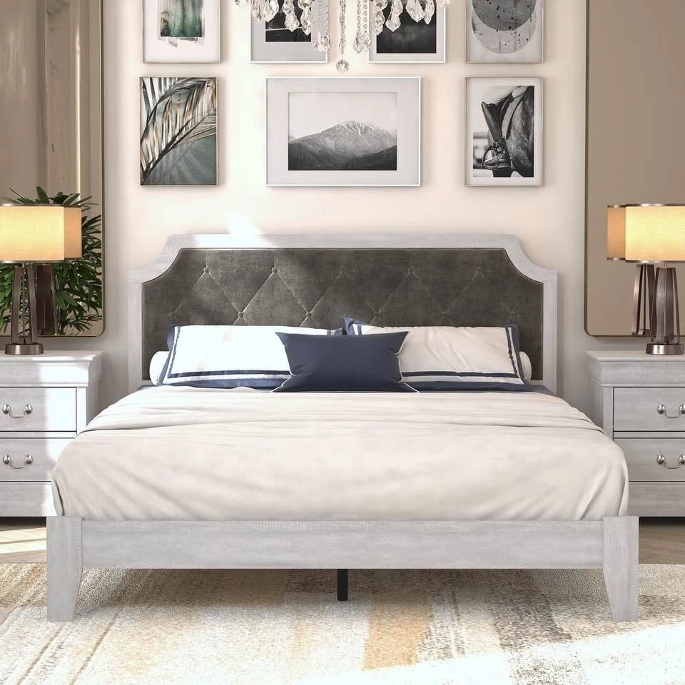 Dusty Grey Oak Wood Queen Bed Frame with Headboard - photo 2