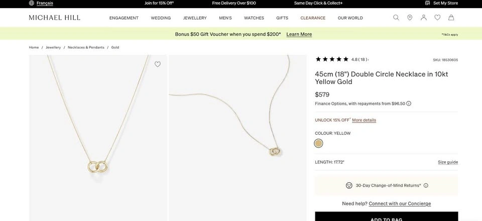 45cm (18”) Double Circle Necklace in 10kt Yellow Gold - photo 4