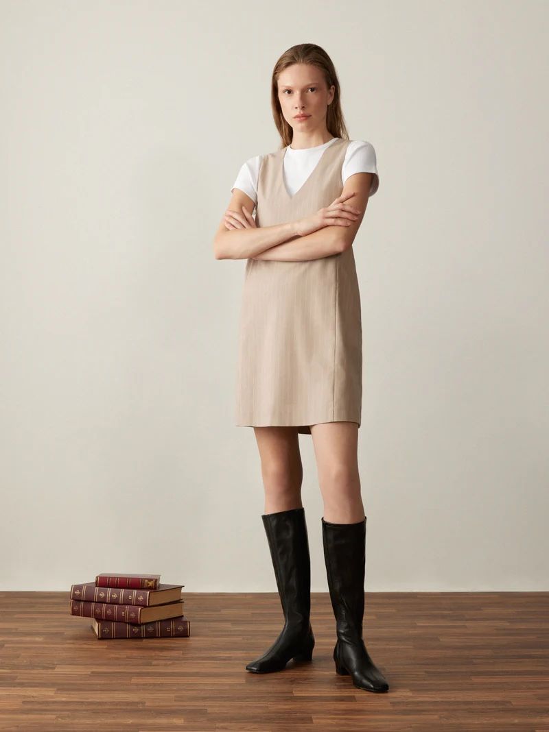 The Pinstriped Pinafore Dress in Oxford Tan (small)
