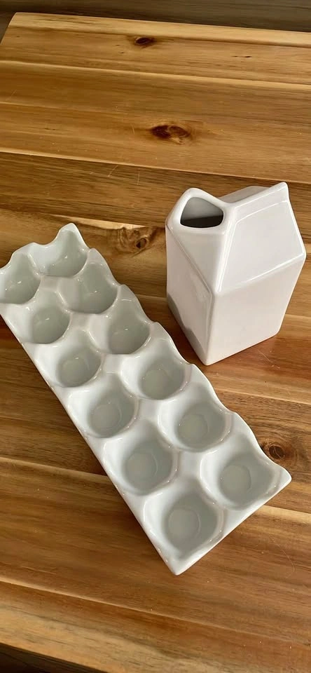 Ceramic egg tray and porcelain milk carton set