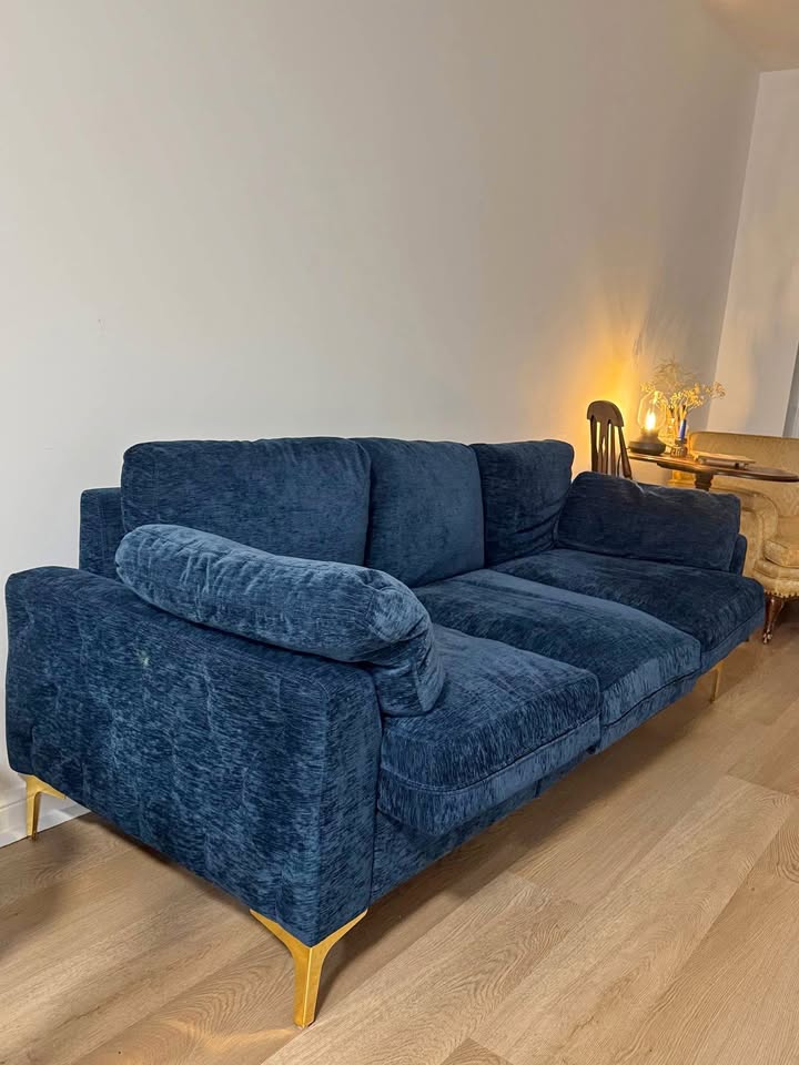 76” blue velvet MCM 3 seater couch