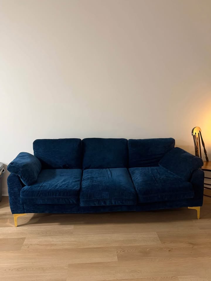 76” blue velvet MCM 3 seater couch - photo 2