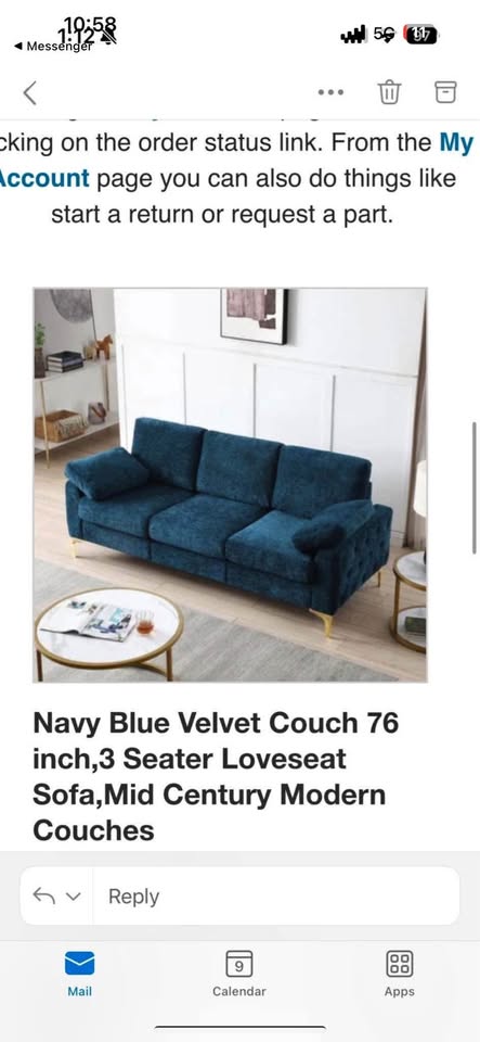 76” blue velvet MCM 3 seater couch - photo 3