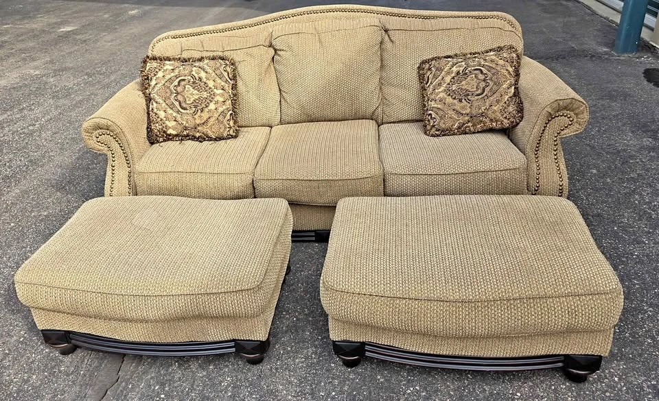 Tan Sofa with 2 Ottomans and Nailhead Trim