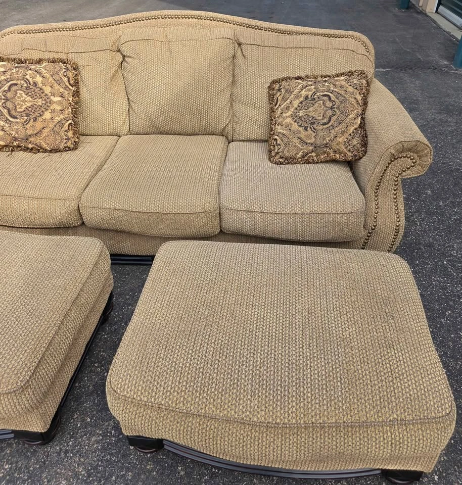 Tan Sofa with 2 Ottomans and Nailhead Trim - photo 2