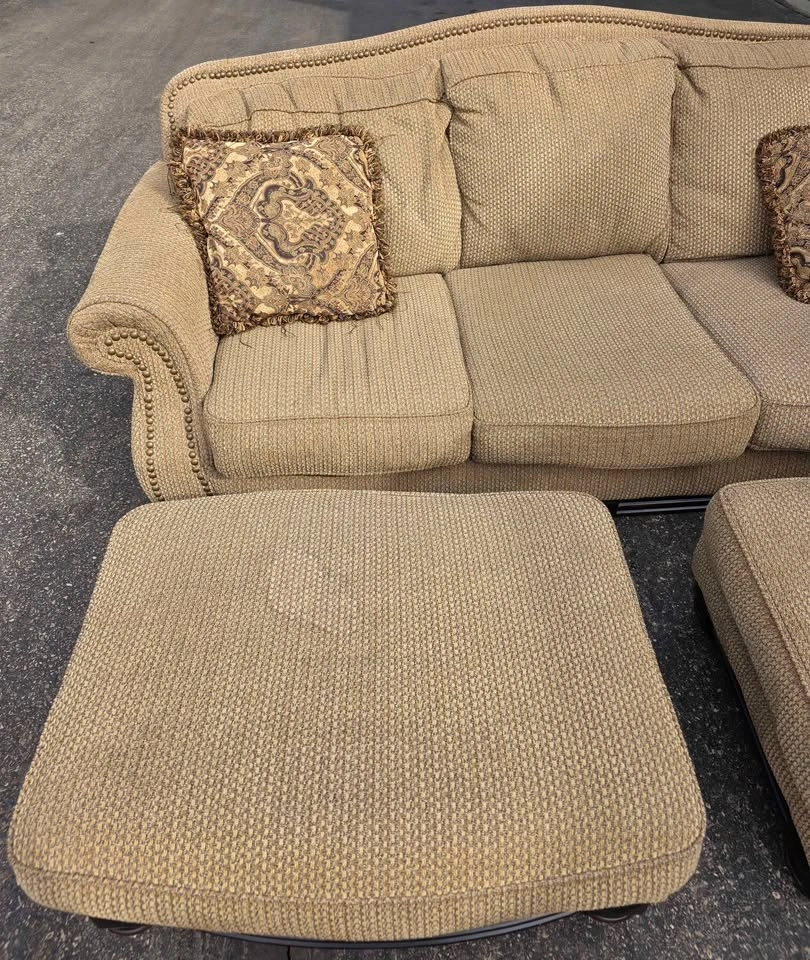 Tan Sofa with 2 Ottomans and Nailhead Trim - photo 4