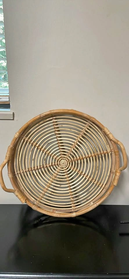 Rare Mid-Century Style Round RATTAN Serving Tray w/ Handles