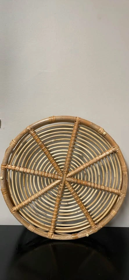 Rare Mid-Century Style Round RATTAN Serving Tray w/ Handles - photo 3