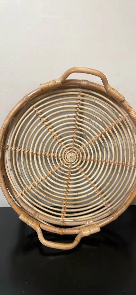 Rare Mid-Century Style Round RATTAN Serving Tray w/ Handles - photo 5
