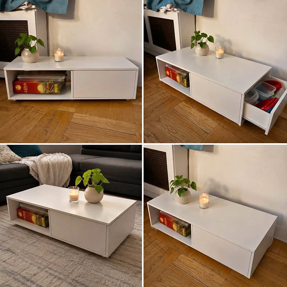Modern White Coffee Table with Hidden Storage & Open Shelf
