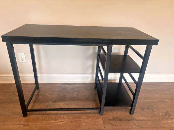 Black metal body desk with wood top and shelves